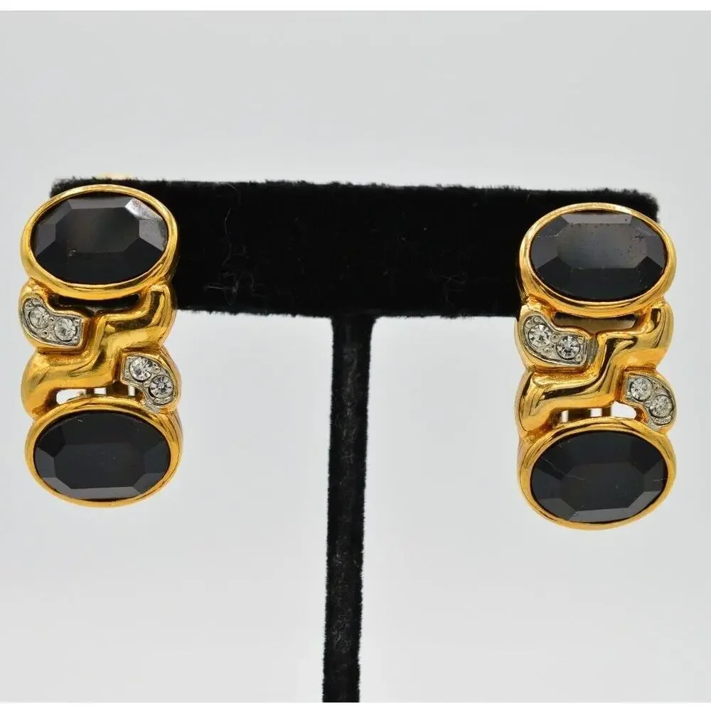 Les Bernard Vintage Clip On Earrings Black Crystal Gold Signed NOS 1980s 9L